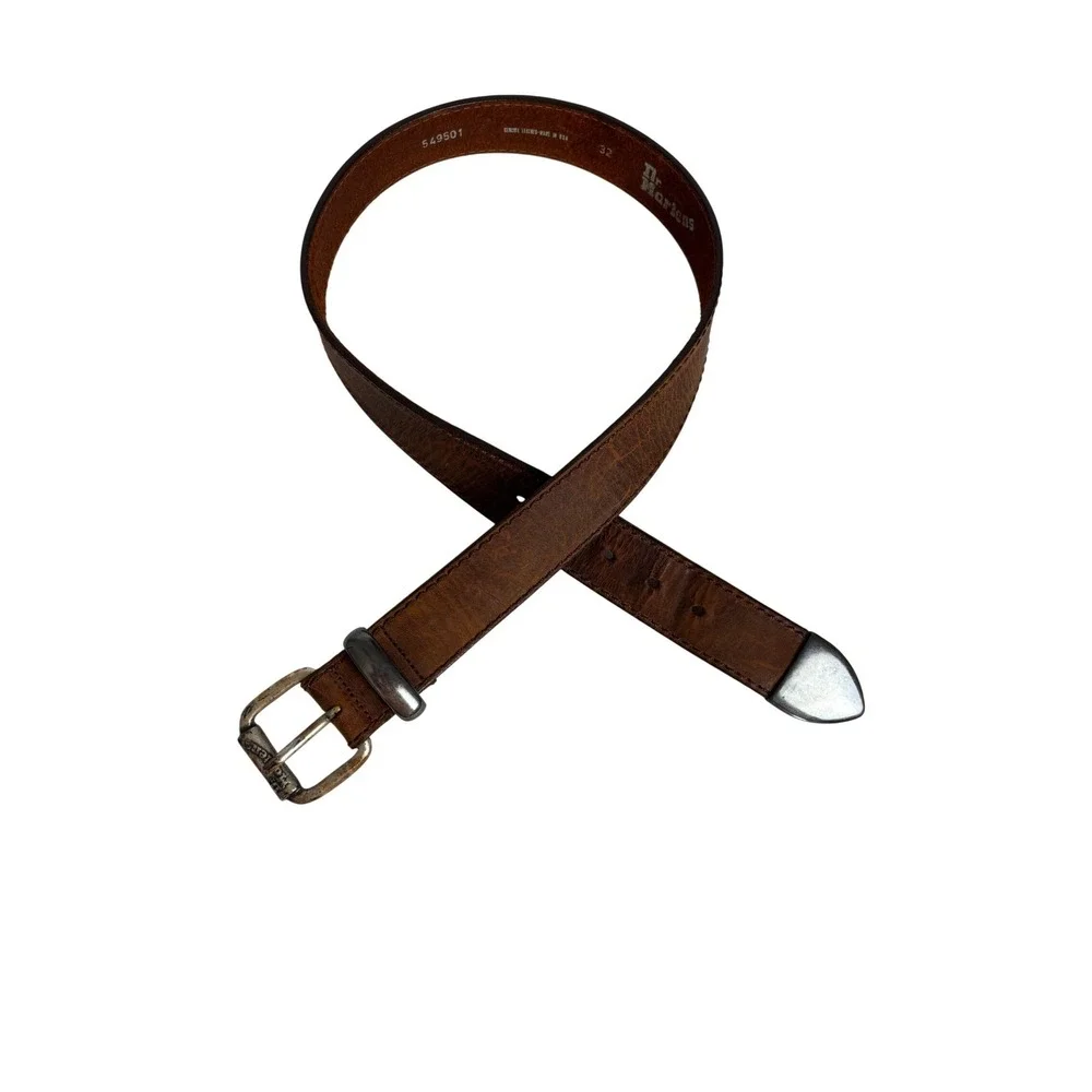 Dr. Martens Vintage Brown Leather Belt Made in USA Size 32 Silver Buckle 90's